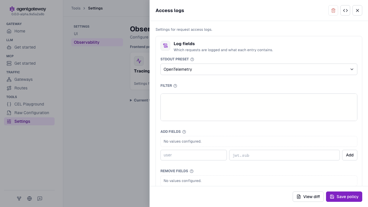 Access logs drawer with OpenTelemetry selected as the stdout preset