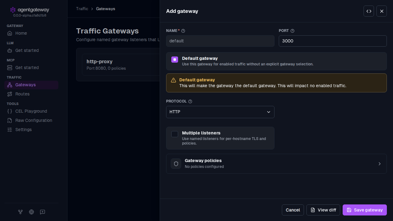 Add gateway drawer with Default gateway selected, so that the gateway is named default and listens on port 3000