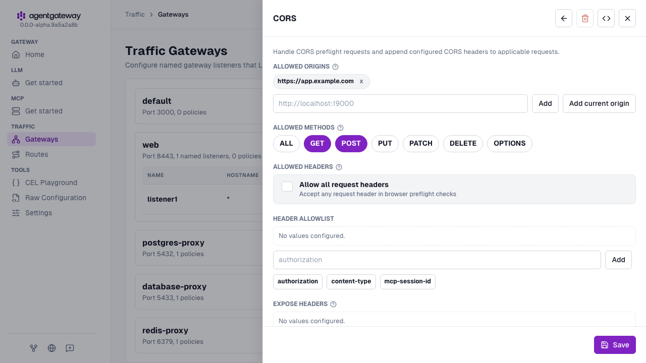 CORS policy form for the default gateway with the https://app.example.com origin, the GET and POST methods, and Allow all request headers cleared