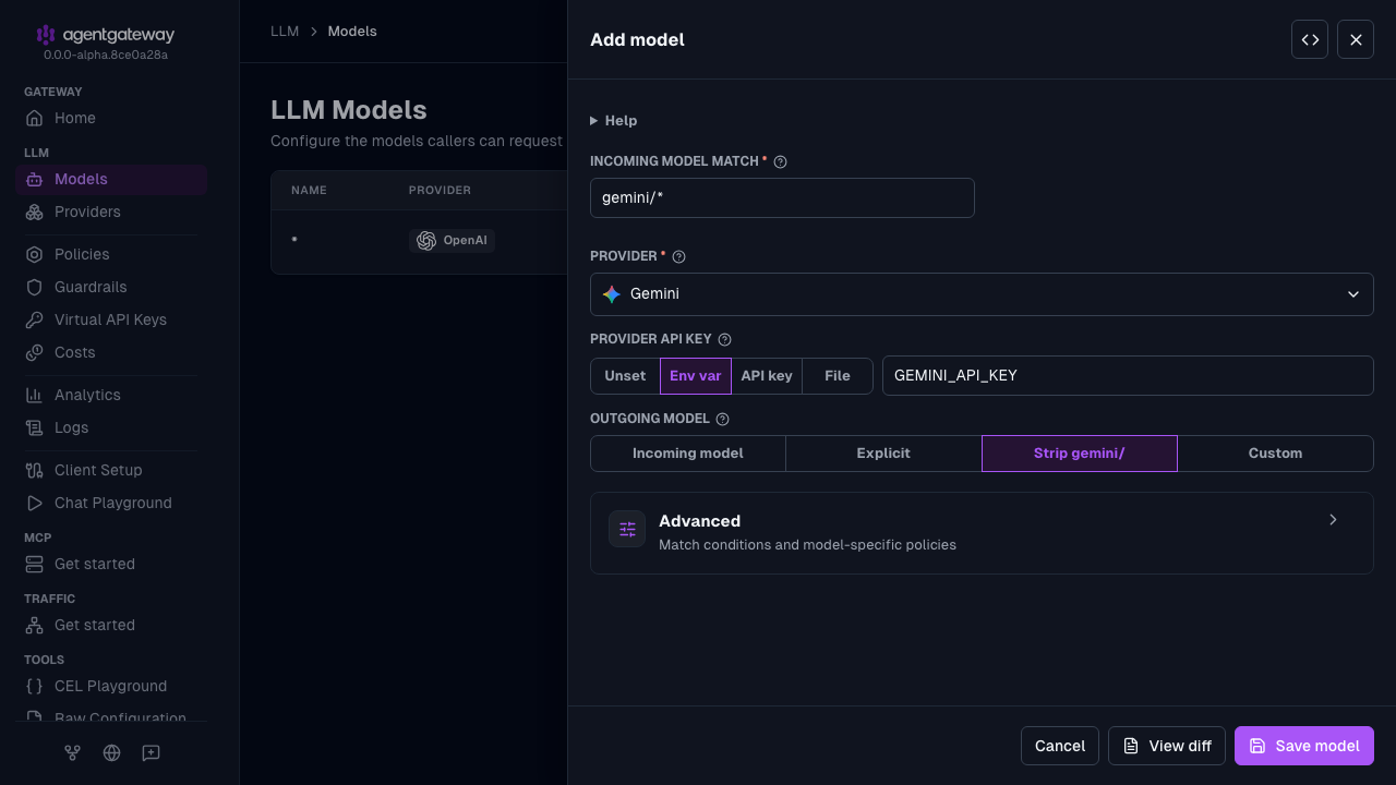Add model drawer with Gemini selected as the provider, gemini/* as the incoming model match, and GEMINI_API_KEY as the environment variable for the provider API key