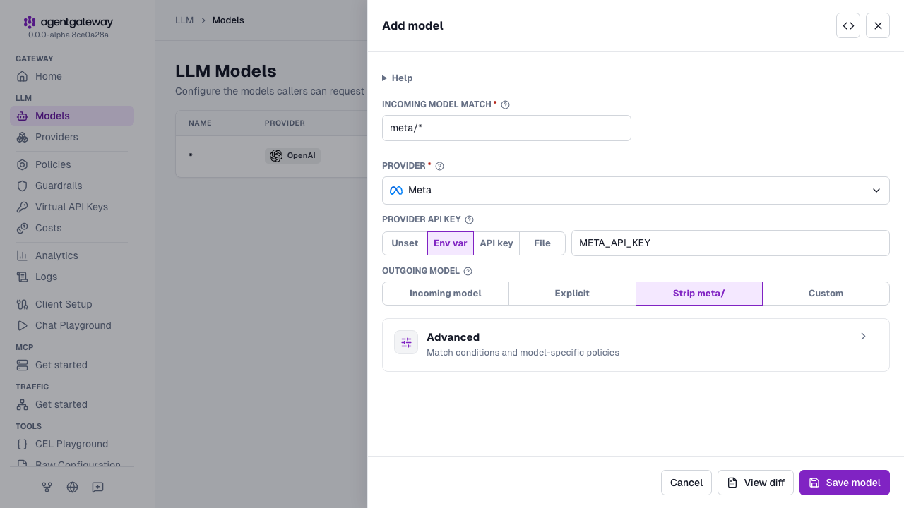 Add model drawer with Meta selected as the provider, meta/* as the incoming model match, and META_API_KEY as the environment variable for the provider API key