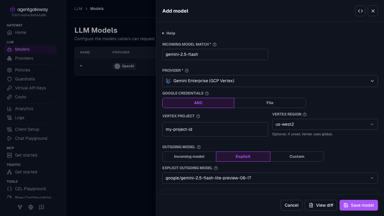 Add model drawer with Gemini Enterprise (GCP Vertex) selected as the provider, gemini-2.5-flash as the incoming model match, ADC as the Google credentials, my-project-id as the Vertex project, us-west2 as the Vertex region, and google/gemini-2.5-flash-lite-preview-06-17 as the explicit outgoing model