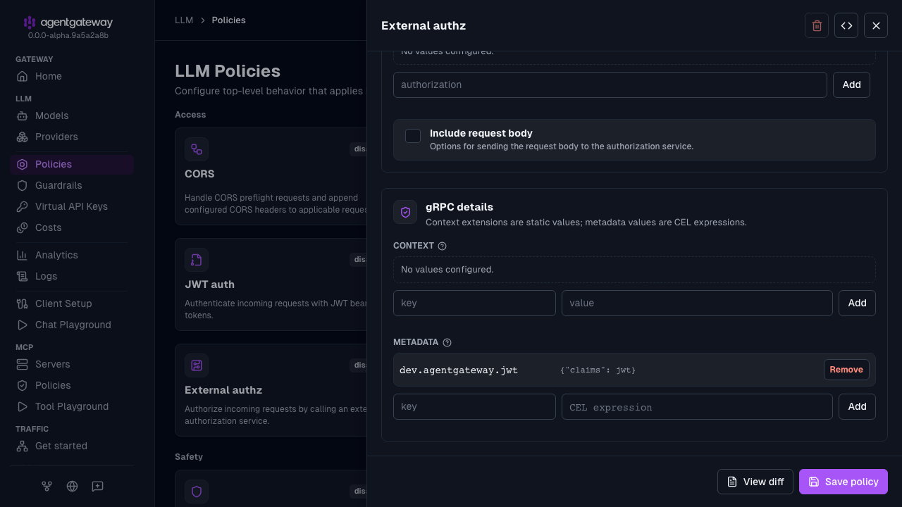 External authorization drawer with the gRPC details and the dev.agentgateway.jwt metadata entry