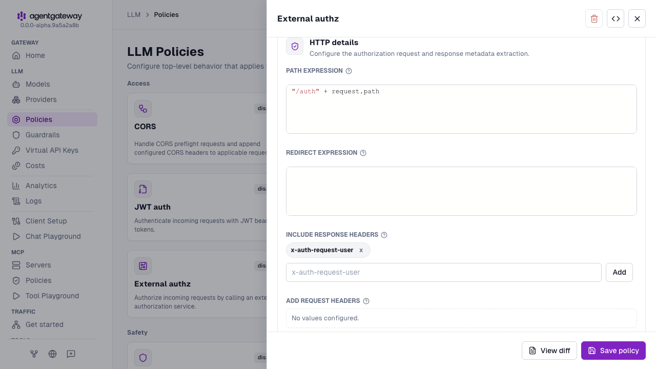 External authorization drawer with the HTTP path expression and the x-auth-request-user response header