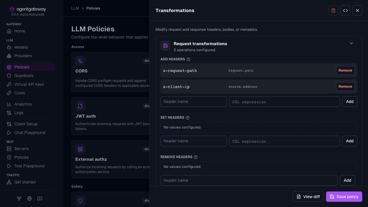 Transformations drawer with the request section setting the x-request-path and x-client-ip headers
