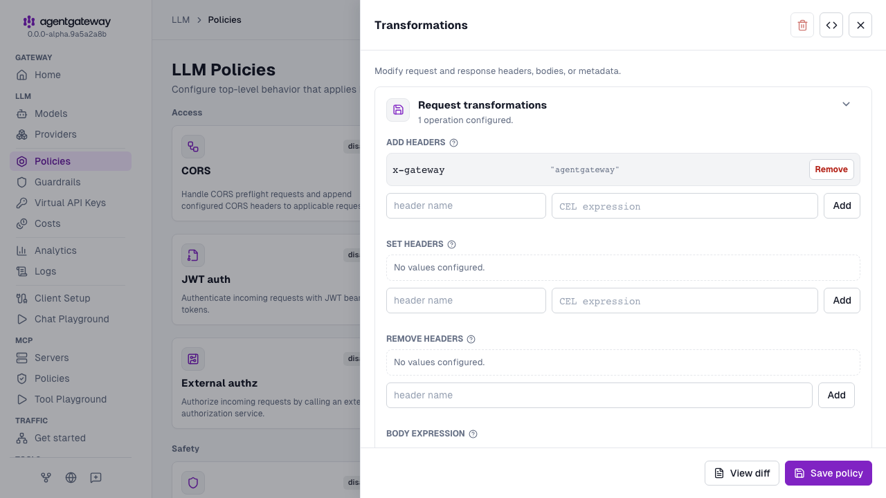 Transformations drawer with the request section setting the x-gateway header