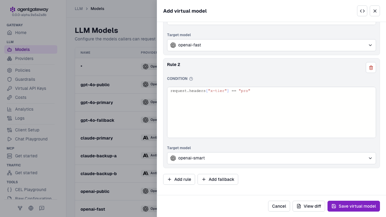 Add virtual model drawer scrolled to rule 2, which sends x-tier pro requests to openai-smart