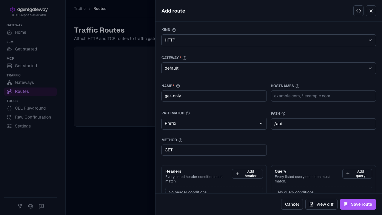 Add route drawer for the get-only route with the /api path and the GET method