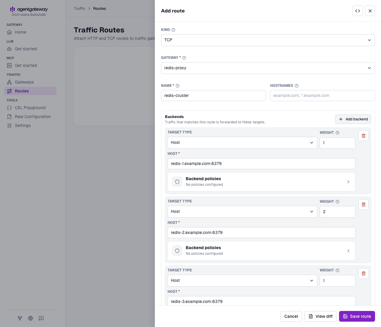 Add route drawer for the redis-cluster TCP route on the redis-proxy gateway with three backends weighted 1, 2, and 1