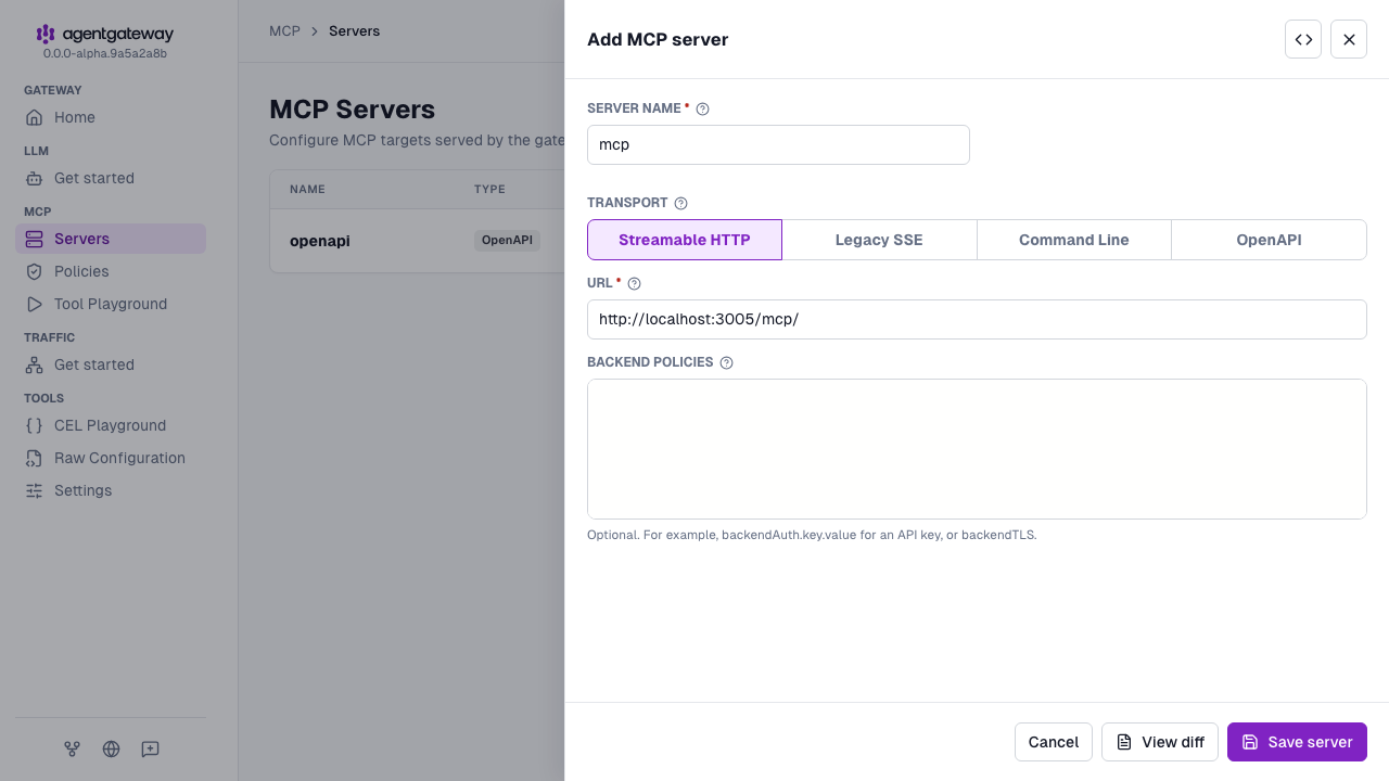 Add MCP server drawer for the mcp target with the Streamable HTTP transport and the http://localhost:3005/mcp/ URL