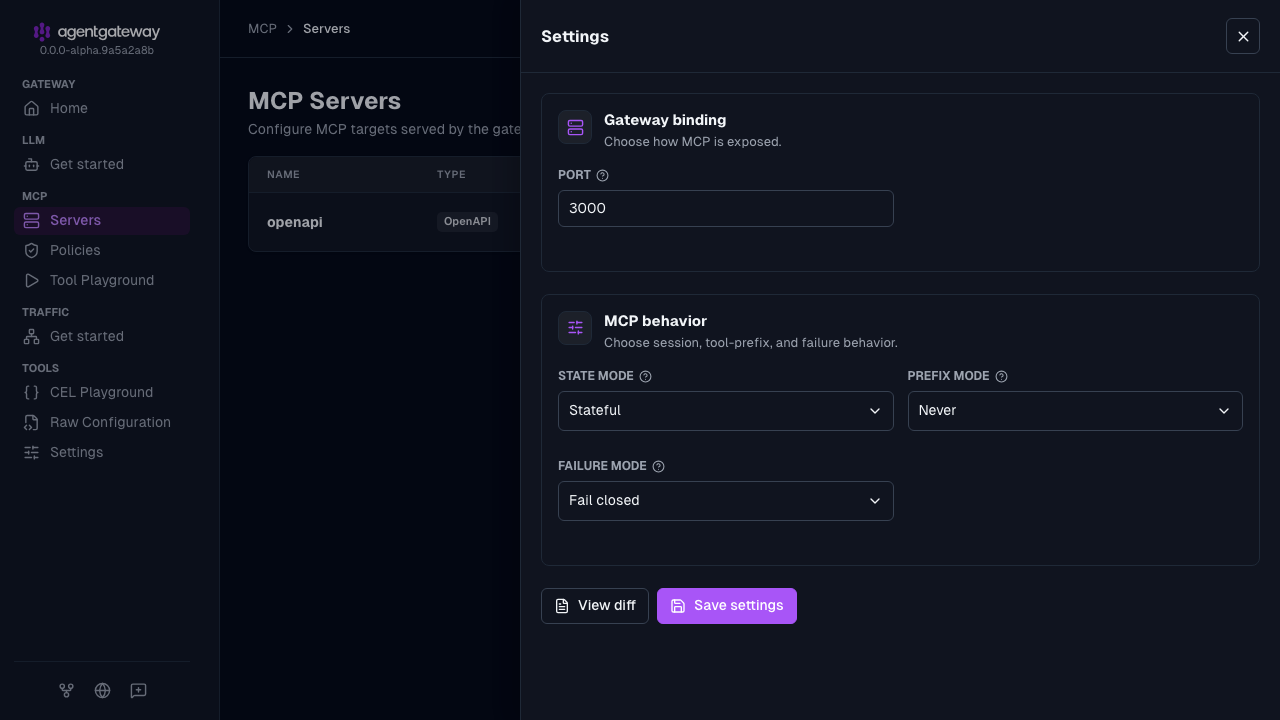 MCP servers settings drawer with the prefix mode set to Never and the state mode set to Stateful