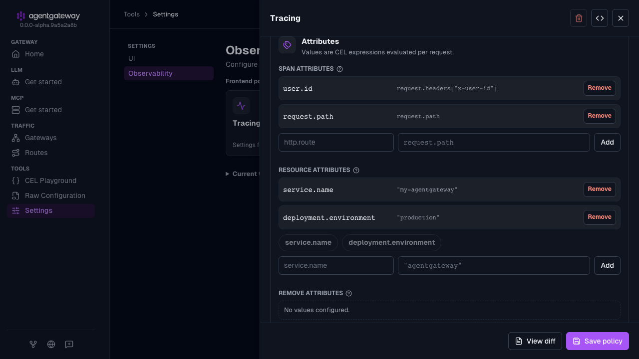 Tracing drawer Attributes section with user.id and request.path span attributes, and service.name and deployment.environment resource attributes
