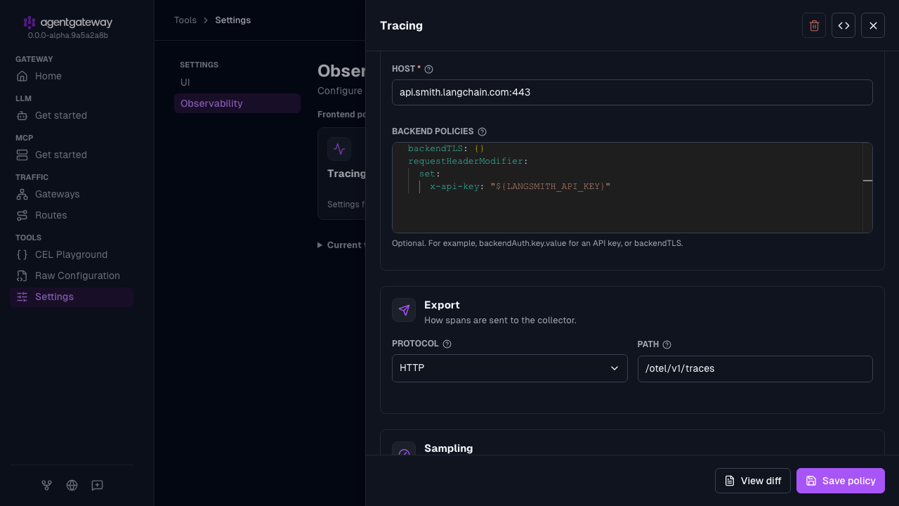 Tracing drawer with the api.smith.langchain.com:443 host, backendTLS and x-api-key header backend policies, the HTTP protocol, and the /otel/v1/traces path