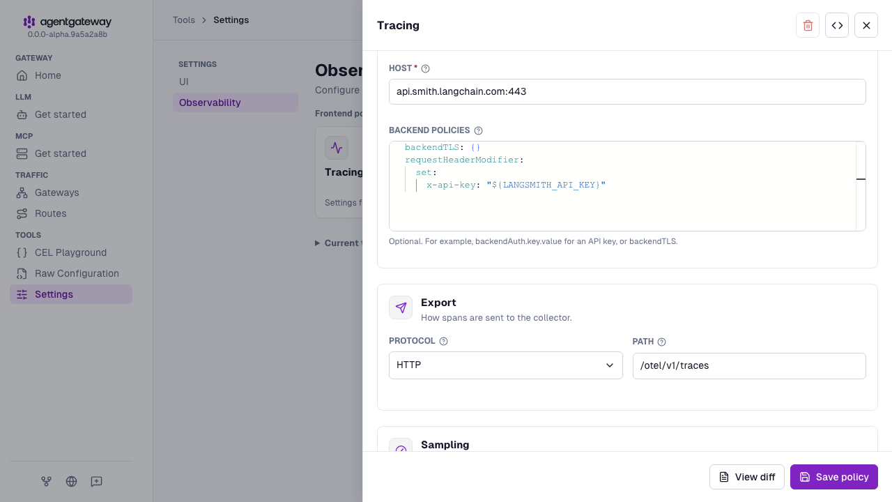Tracing drawer with the api.smith.langchain.com:443 host, backendTLS and x-api-key header backend policies, the HTTP protocol, and the /otel/v1/traces path