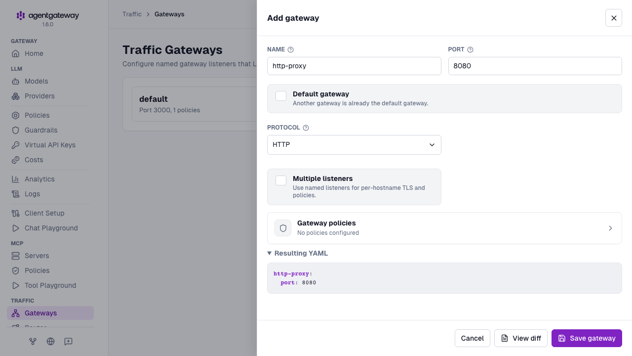 Add gateway drawer with Default gateway selected, so that the gateway is named default and listens on port 3000