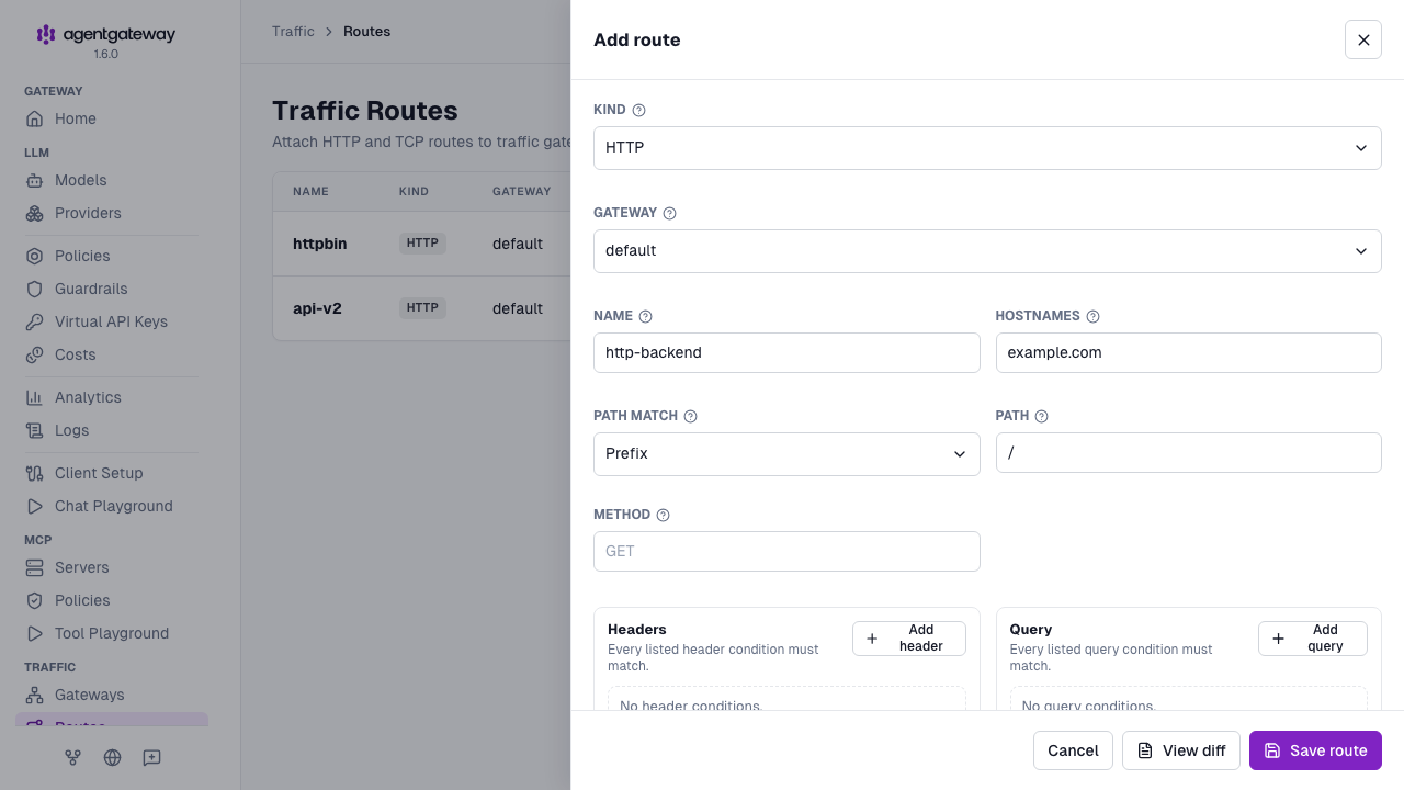 Add route drawer for the http-backend route on the http-proxy gateway, showing the match fields