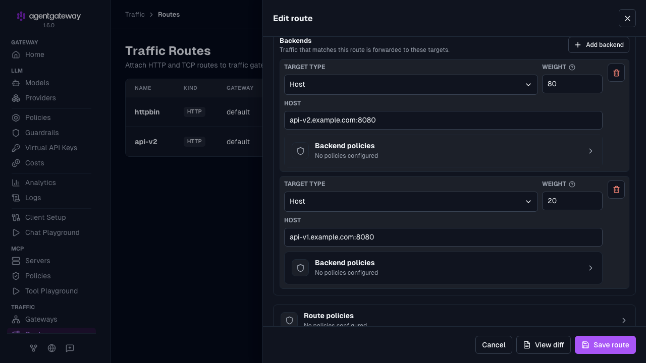Edit route drawer for the api-v2 route with two host backends weighted 80 and 20